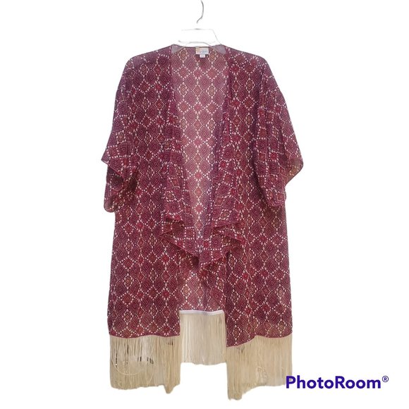 LuLaRoe Monroe Kimono Pink Multi-Color Chiffon Geometric Ivory Fringe Large - Picture 1 of 8